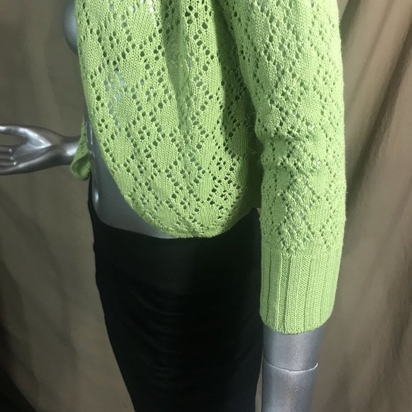 Vintage USA Notations Women's Medium Crop Neon Green Crochet Knit Open Front Car - Picture 5 of 14